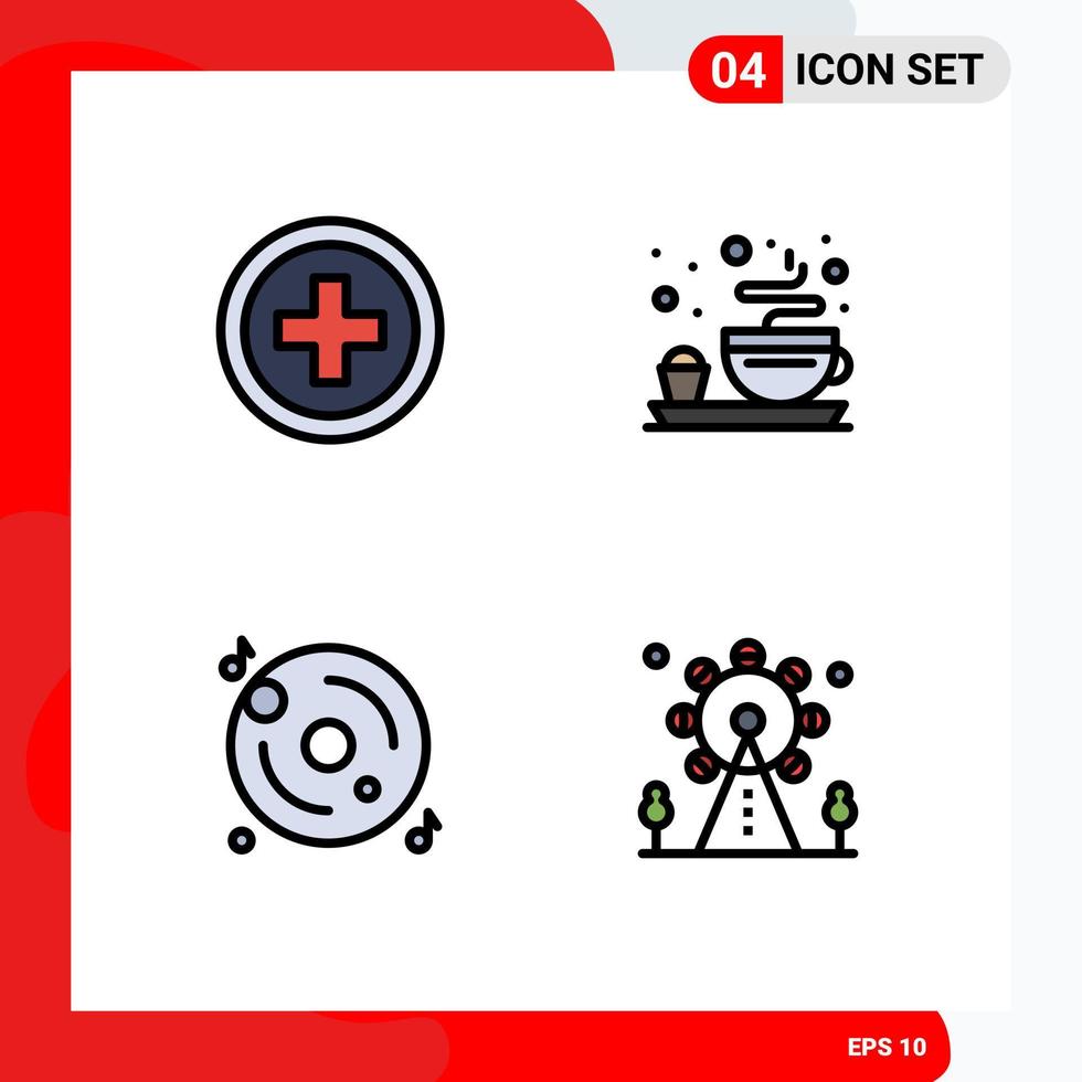 Mobile Interface Filledline Flat Color Set of 4 Pictograms of hospital multimedia breakfast disk leisure Editable Vector Design Elements