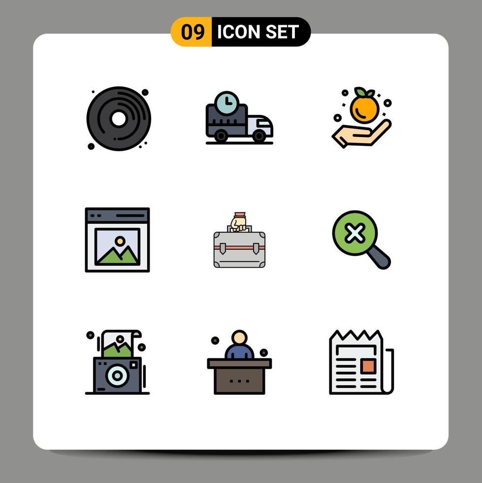 Modern Set of 9 Filledline Flat Colors and symbols such as briefcase user farming picture content Editable Vector Design Elements