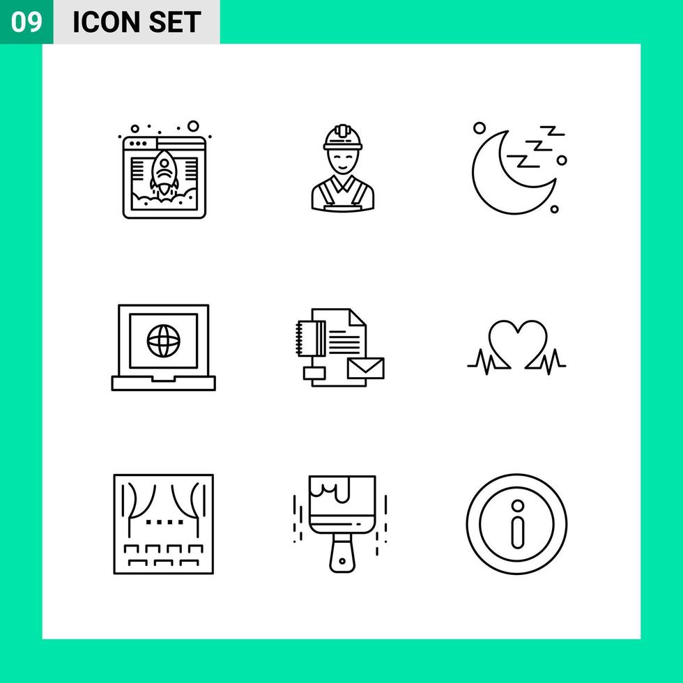 paquete de 9 iconos de estilo de línea conjunto de símbolos de esquema para imprimir signos creativos aislados en fondo blanco 9 conjunto de iconos fondo de vector de icono negro creativo