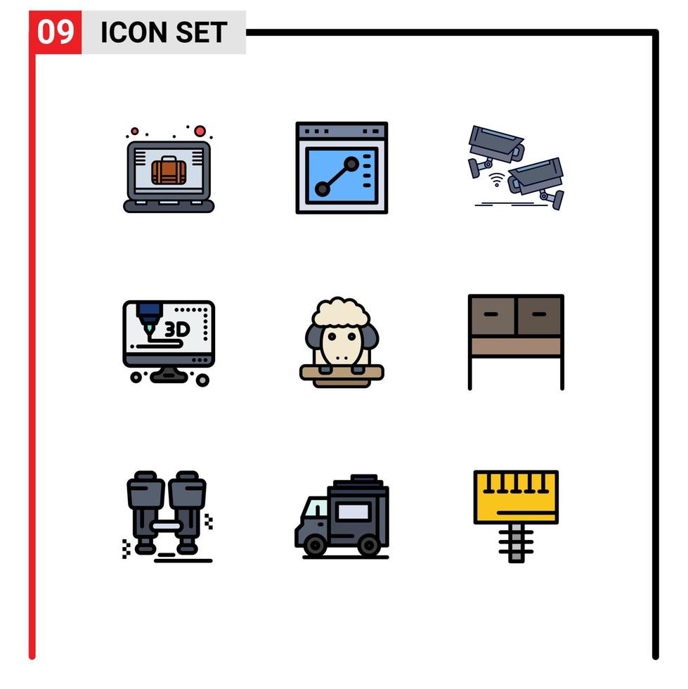 9 colores planos universales de línea de relleno establecidos para aplicaciones web y móviles elementos de diseño de vector editables de impresora de pascua de cámara de cordero de primavera