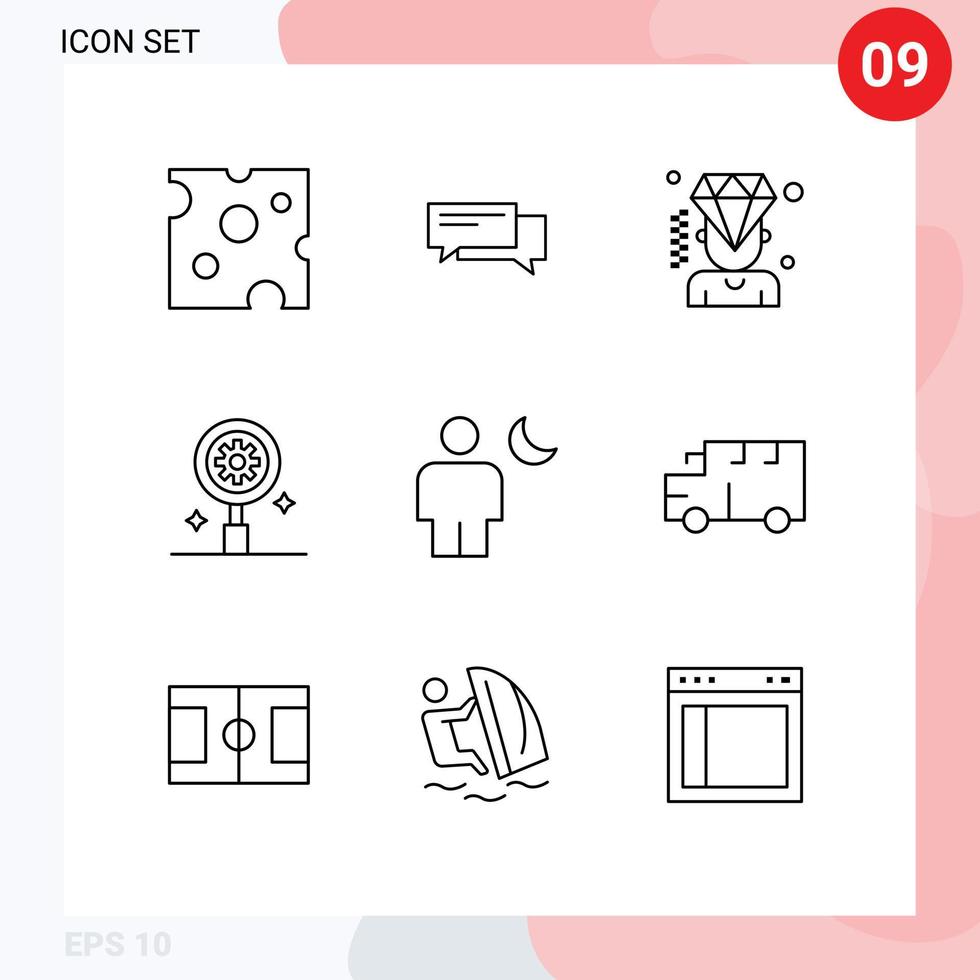 Modern Set of 9 Outlines Pictograph of gear search conversation membership man Editable Vector Design Elements