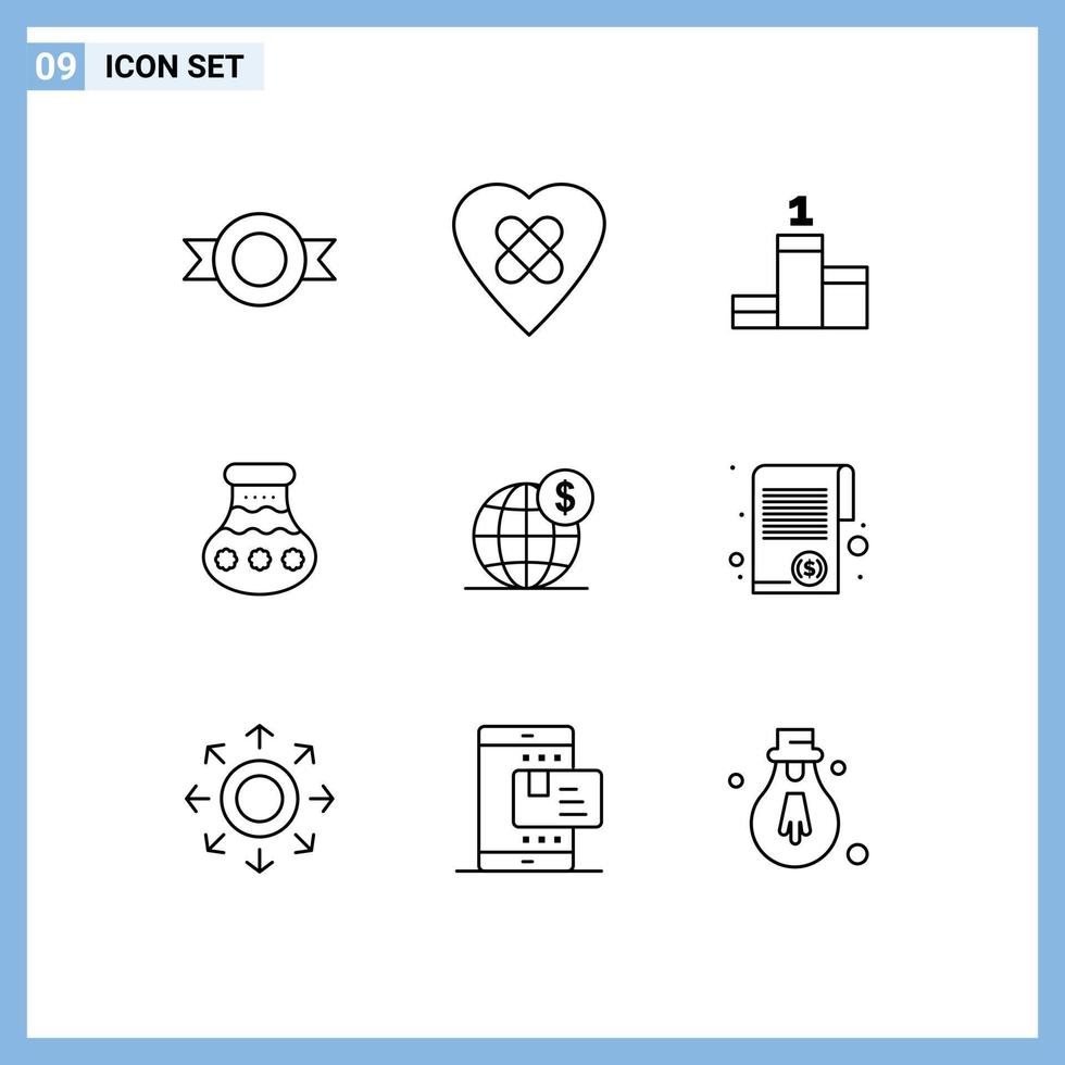 9 Outline concept for Websites Mobile and Apps globe global achievement dollar pongal Editable Vector Design Elements