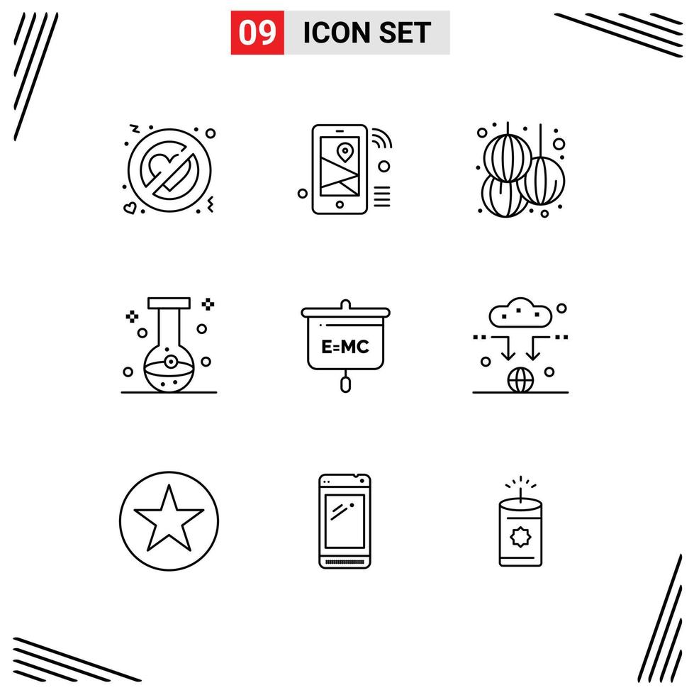 Pack of 9 creative Outlines of flask chemical wifi beaker year Editable Vector Design Elements