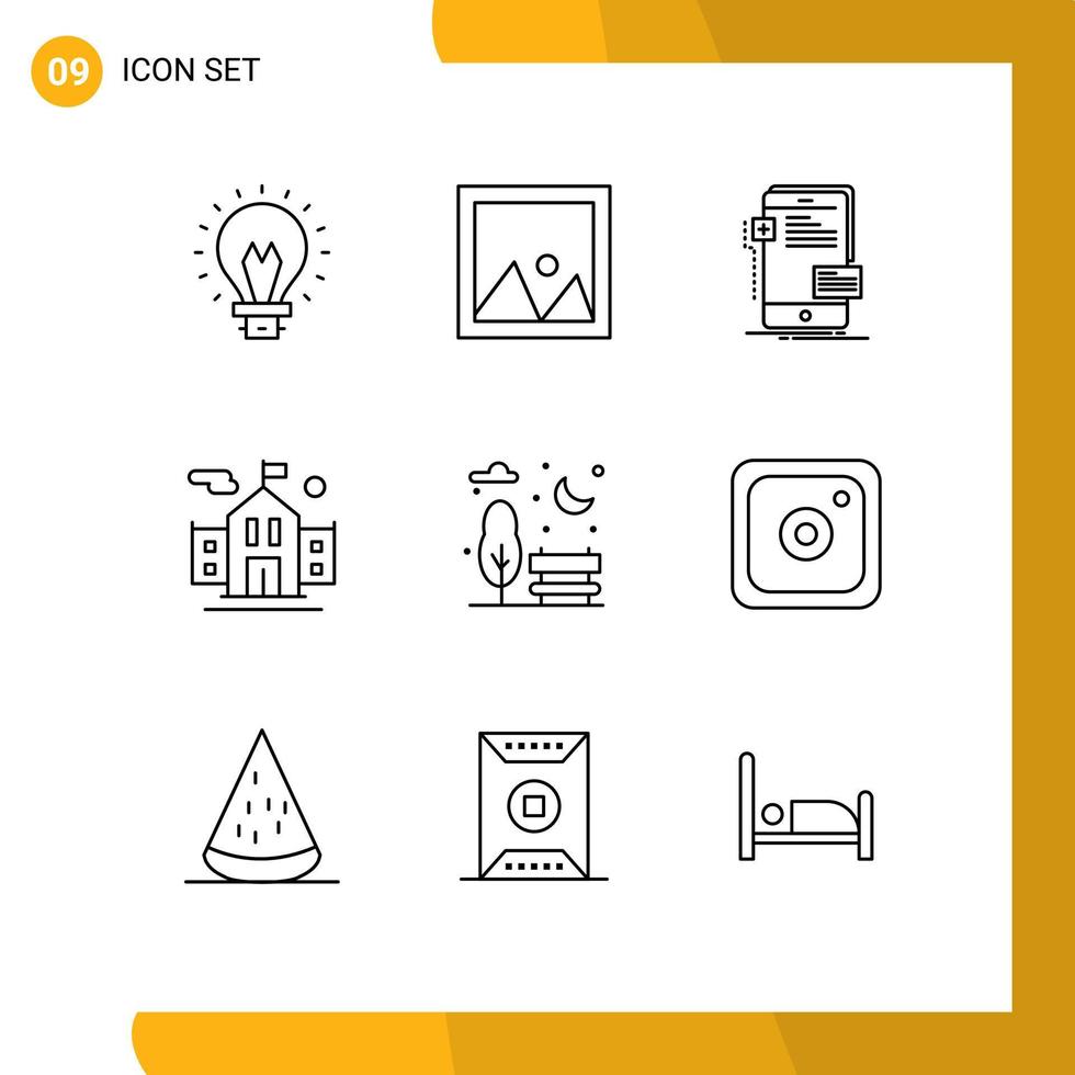 Editable Vector Line Pack of 9 Simple Outlines of bench flag photo school phone Editable Vector Design Elements