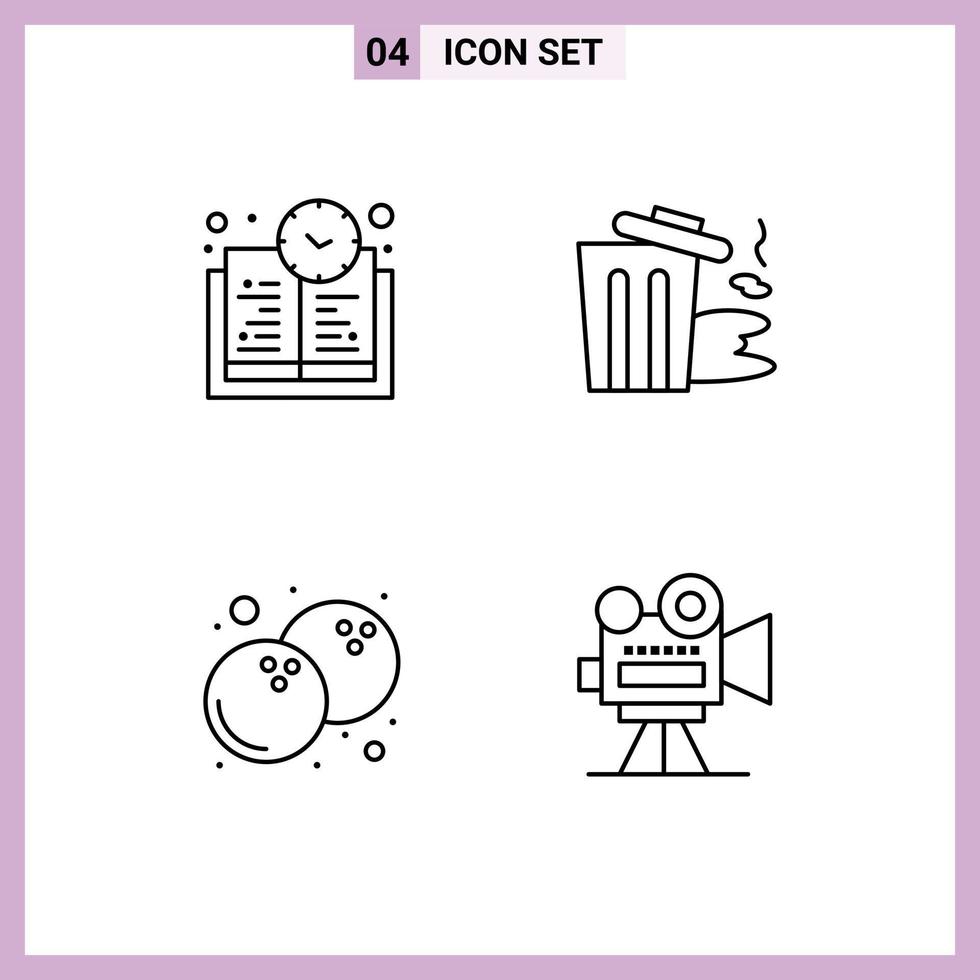 Pack of 4 Modern Filledline Flat Colors Signs and Symbols for Web Print Media such as book time fruit environment trash film camera Editable Vector Design Elements