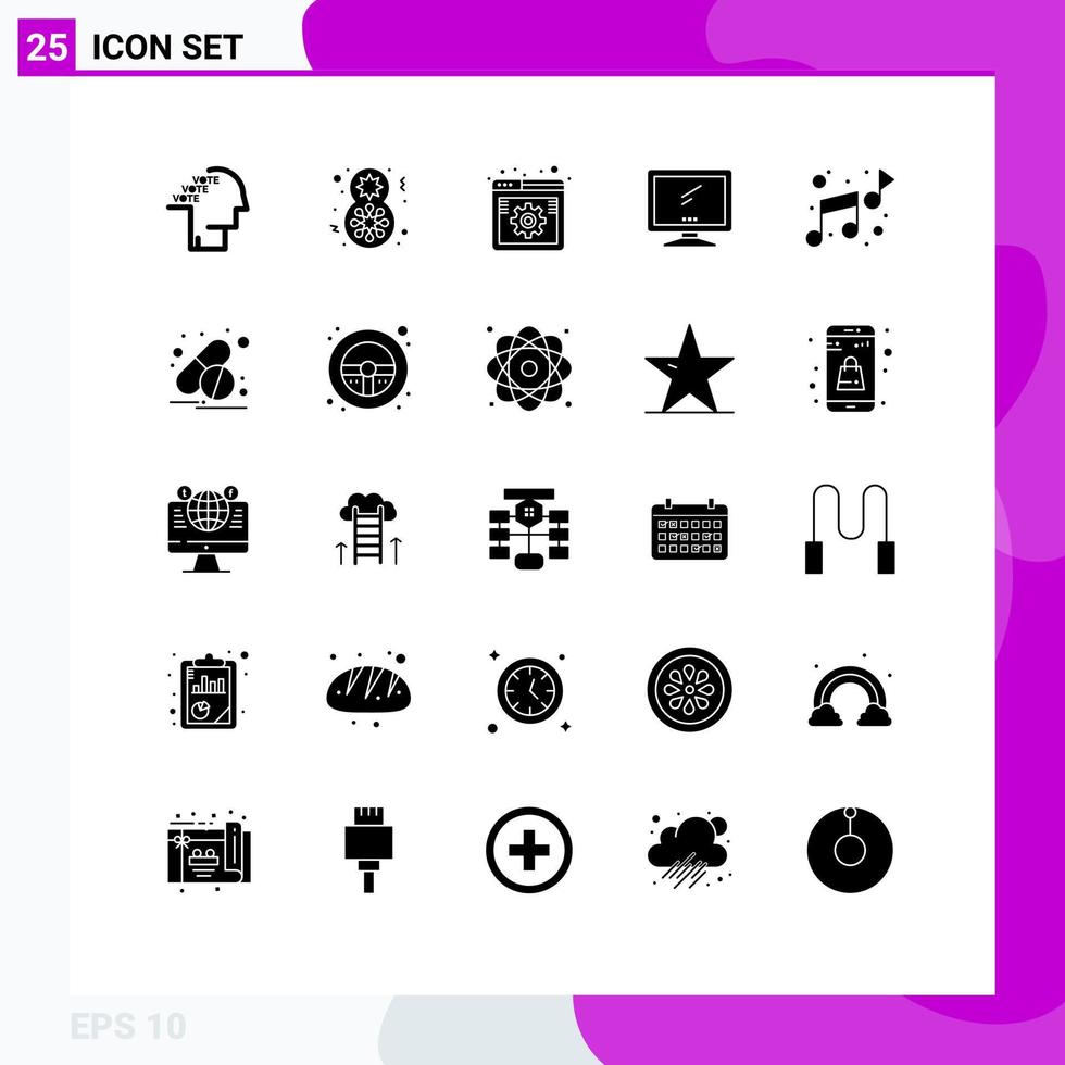 Editable Vector Line Pack of 25 Simple Solid Glyphs of imac monitor women celebrate computer settings Editable Vector Design Elements