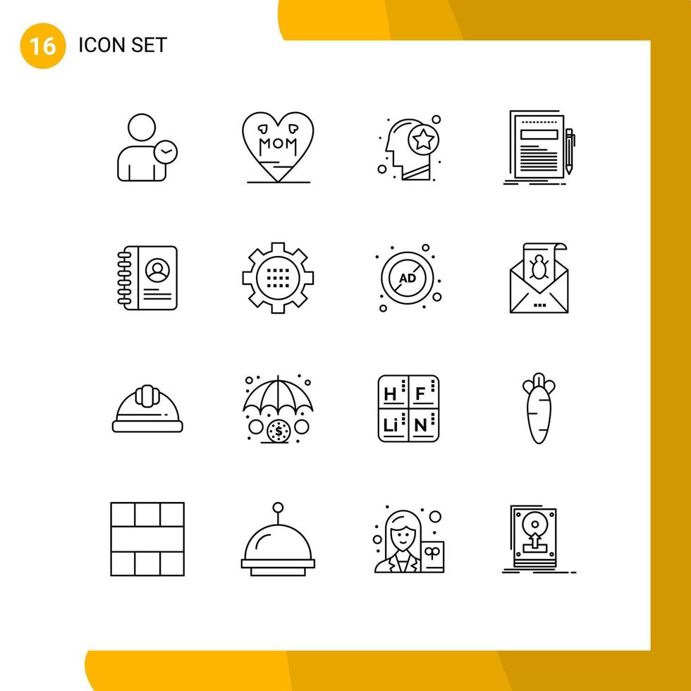 Pictogram Set of 16 Simple Outlines of presentation file head document thinking Editable Vector Design Elements