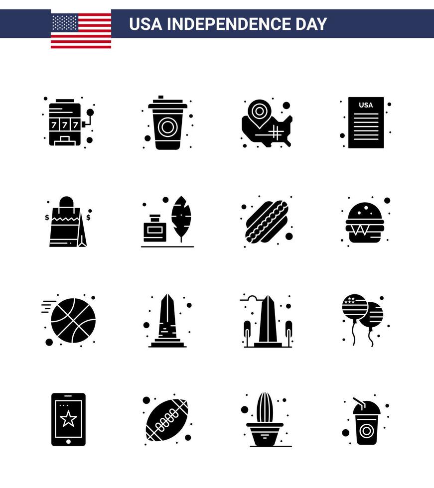 Set of 16 Vector Solid Glyphs on 4th July USA Independence Day such as usa bag states democratic declaration Editable USA Day Vector Design Elements