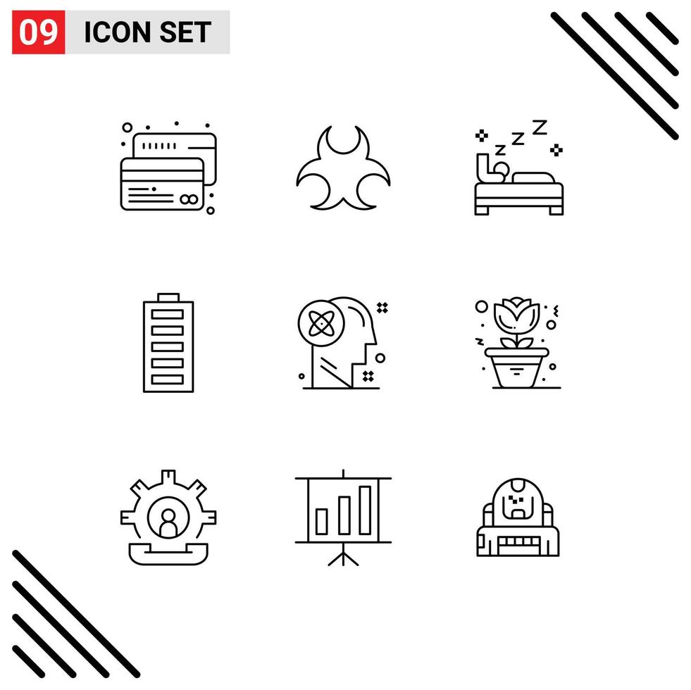 Mobile Interface Outline Set of 9 Pictograms of user energy bed electricity battery Editable Vector Design Elements