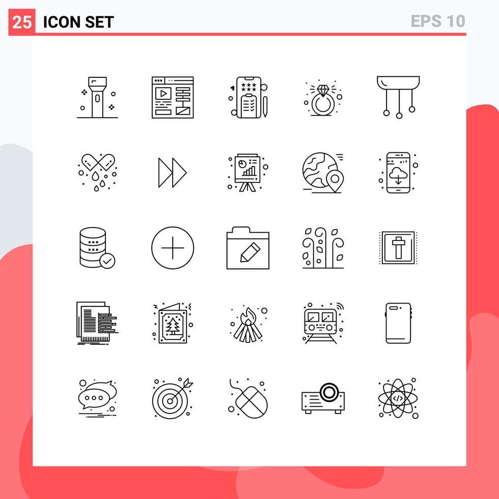 25 User Interface Line Pack of modern Signs and Symbols of home chandelier mobile ring diamond Editable Vector Design Elements