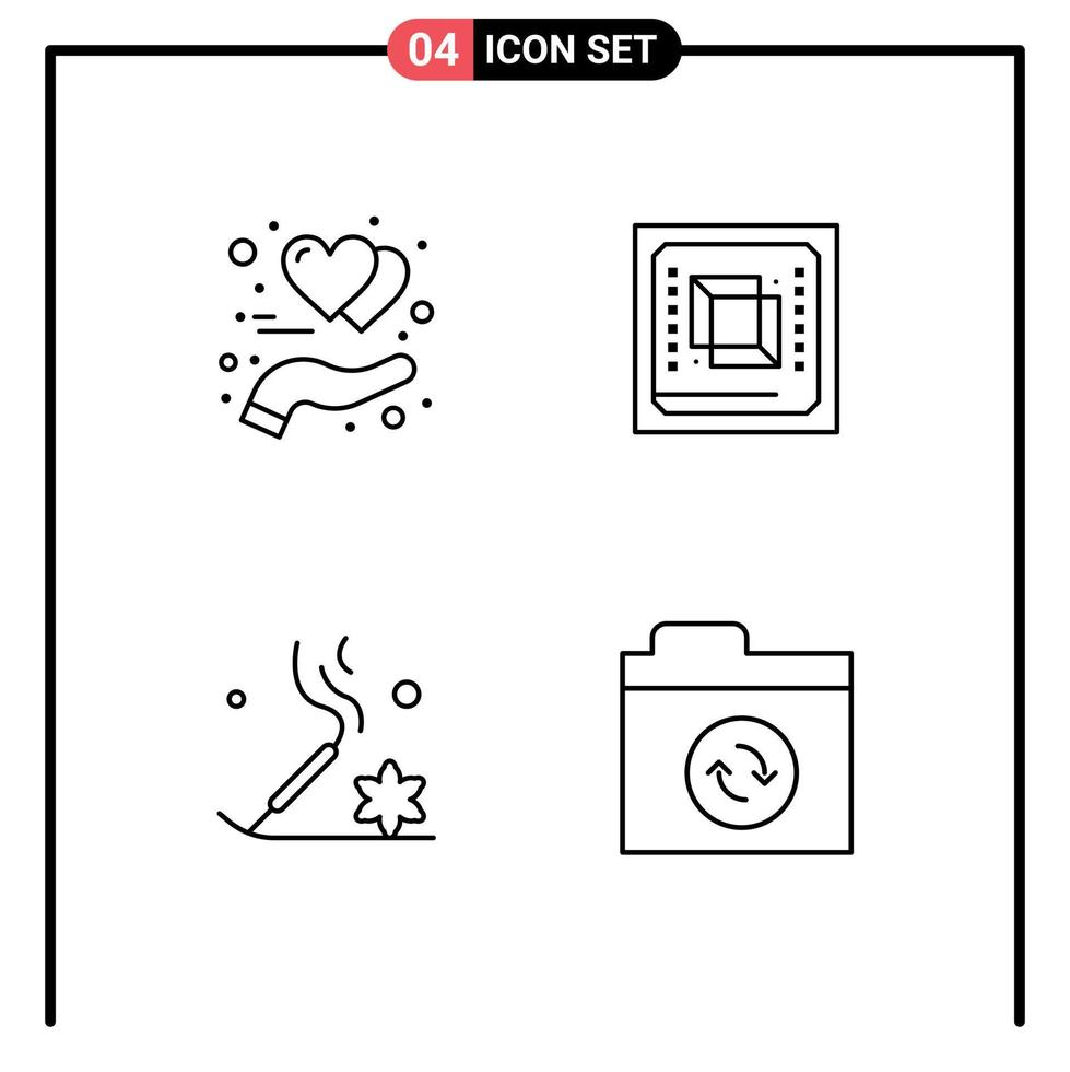 Stock Vector Icon Pack of 4 Line Signs and Symbols for protect aromatherapy heart cpu incense stick Editable Vector Design Elements