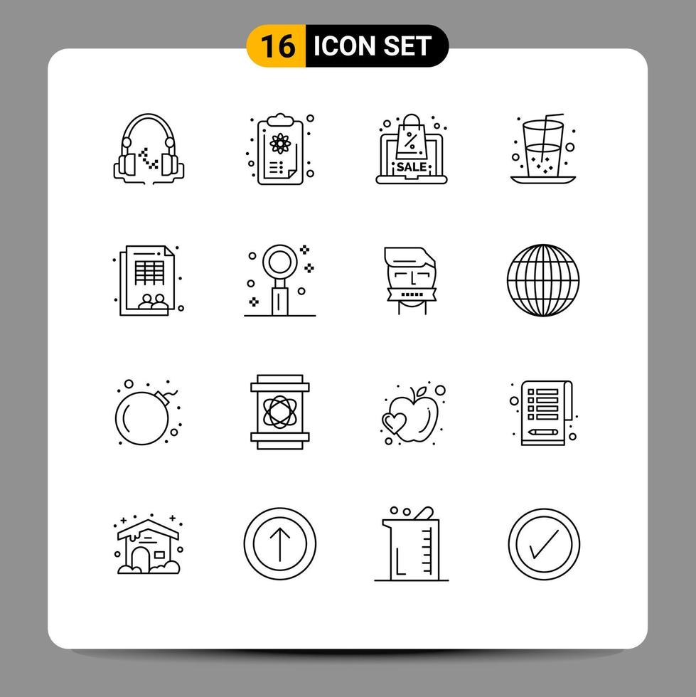 Universal Icon Symbols Group of 16 Modern Outlines of sheet juice discount food beverage Editable Vector Design Elements