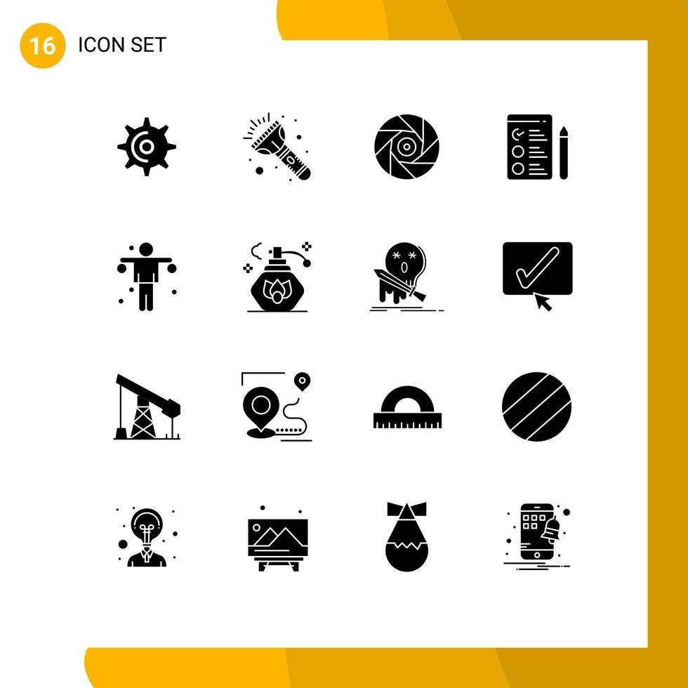 Modern Set of 16 Solid Glyphs Pictograph of sport exercise entertainment dumbbell job Editable Vector Design Elements