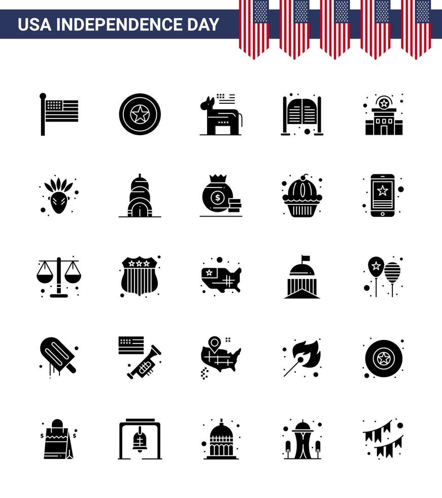 feliz día de la independencia 25 paquete de iconos de glifos sólidos para la web y el día de la construcción de impresión barra de salón de burro elementos de diseño vectorial editables del día de EE. UU. vector