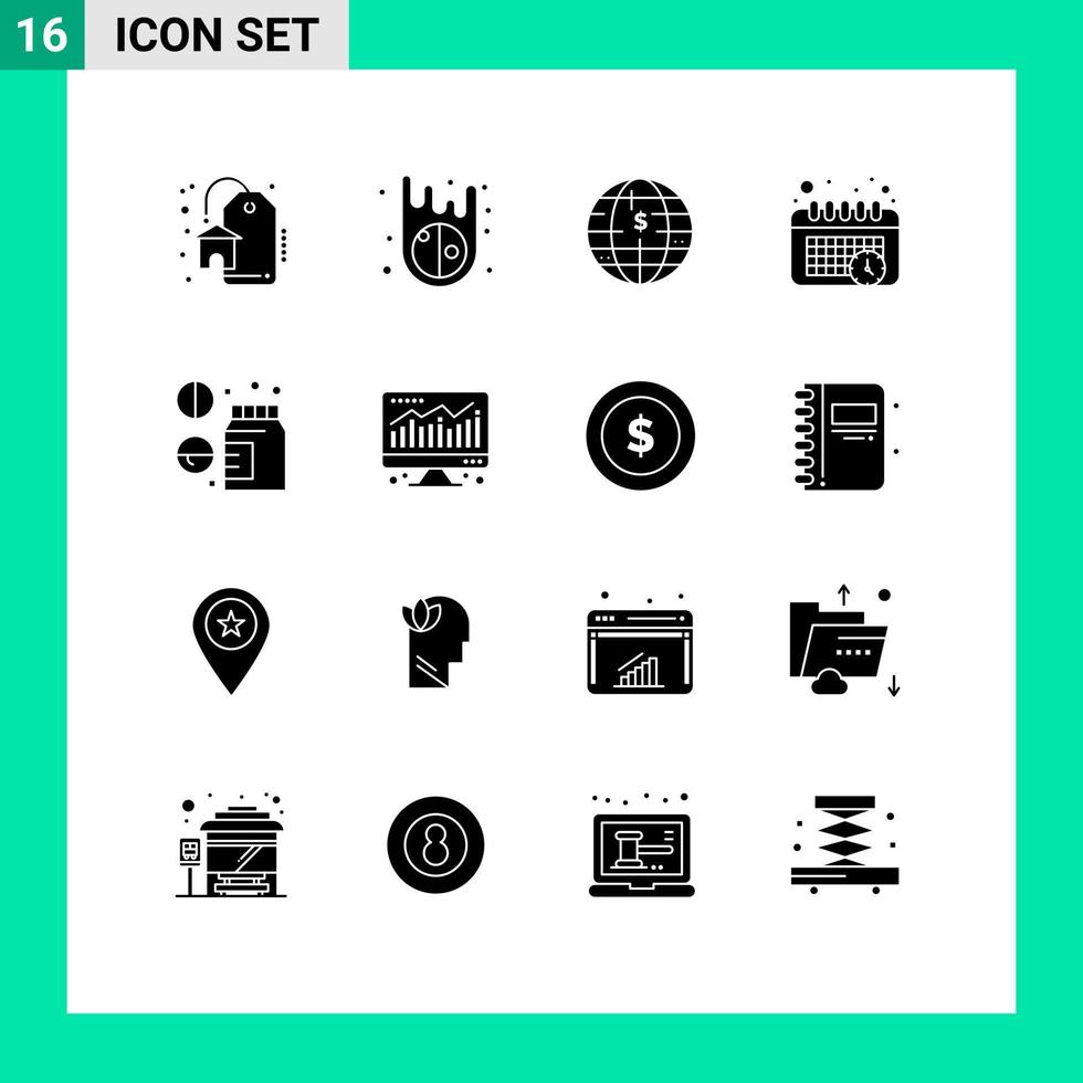 Mobile Interface Solid Glyph Set of 16 Pictograms of computer medical currency healthcare time Editable Vector Design Elements