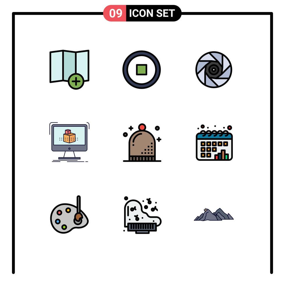 Pictogram Set of 9 Simple Filledline Flat Colors of holiday event movie celebration modelling Editable Vector Design Elements