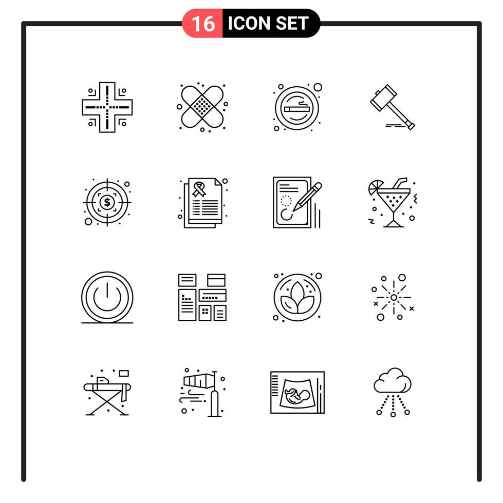Outline Pack of 16 Universal Symbols of law gavel place court action Editable Vector Design Elements