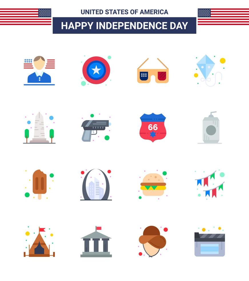 Modern Set of 16 Flats and symbols on USA Independence Day such as usa monument glasses landmark summer Editable USA Day Vector Design Elements