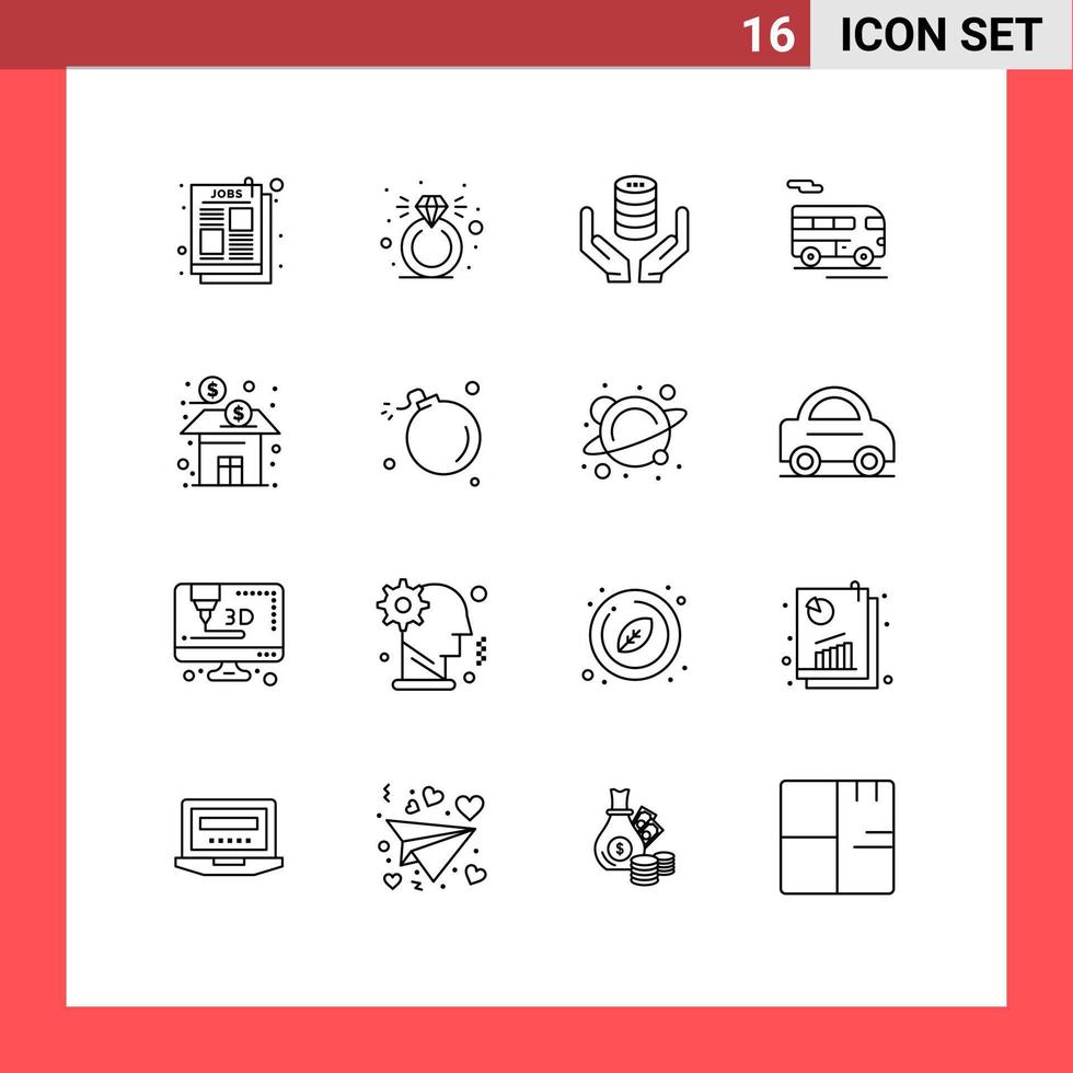 Modern Set of 16 Outlines Pictograph of business vehicle hand transport bus Editable Vector Design Elements