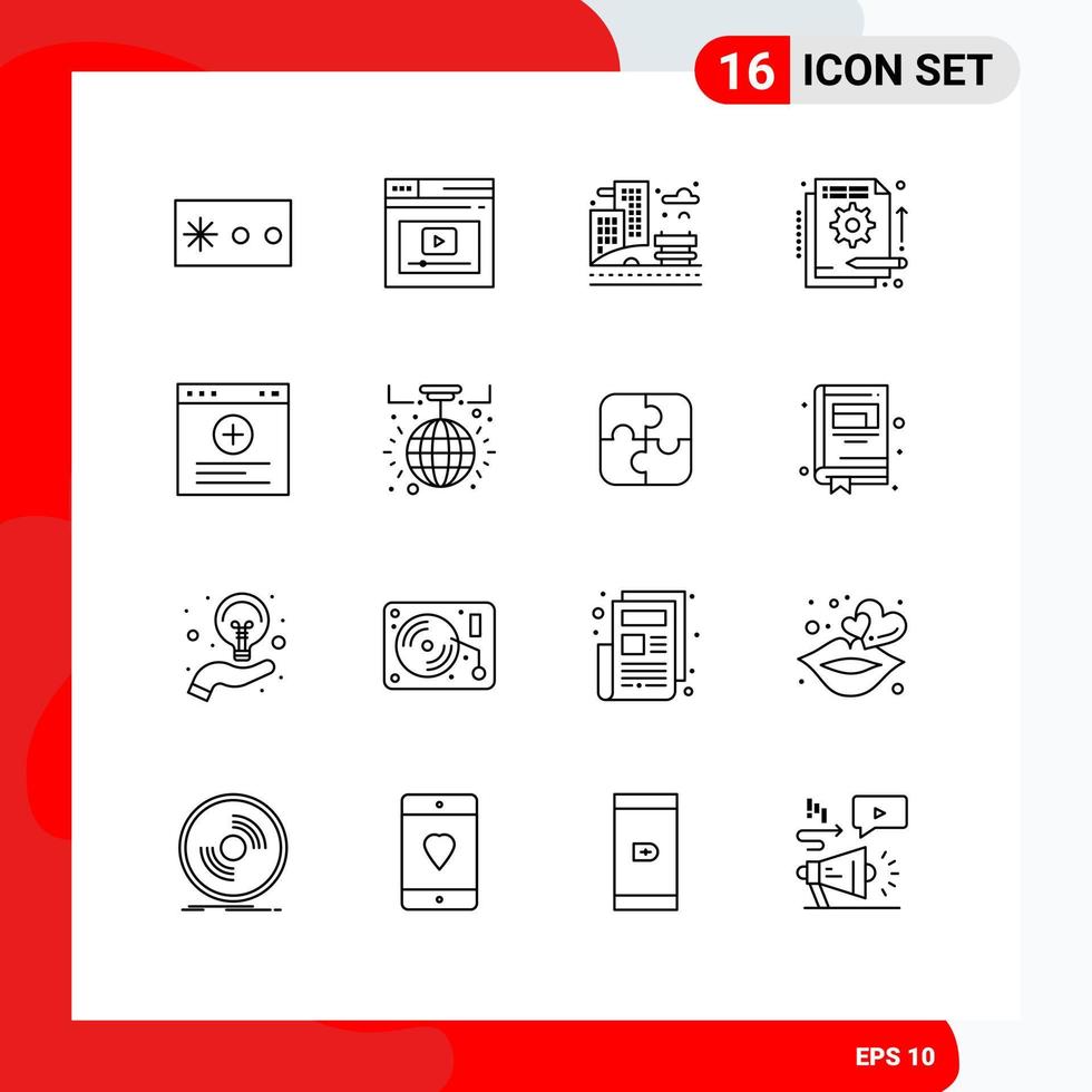 Editable Vector Line Pack of 16 Simple Outlines of browser in city funding detail Editable Vector Design Elements