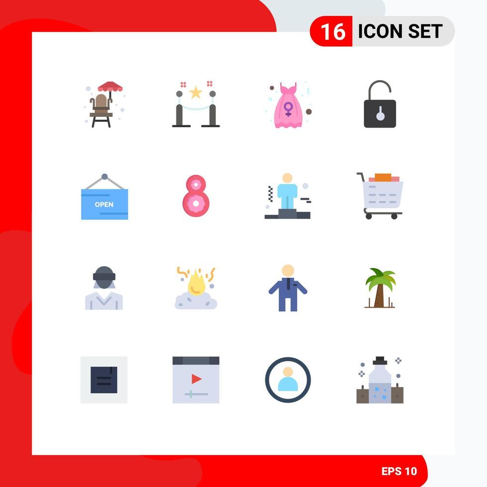 16 Universal Flat Color Signs Symbols of e unlock party frock security padlock Editable Pack of Creative Vector Design Elements