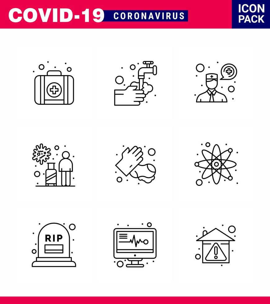 paquete de iconos de coronavirus covid19 de 9 líneas, como el virus de las manos, pregunte a un médico, viaje, turista, coronavirus viral, 2019nov, elementos de diseño de vectores de enfermedades