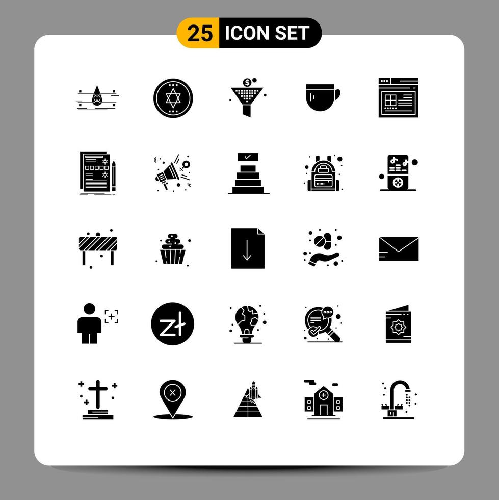 Group of 25 Modern Solid Glyphs Set for page basic filter coffee cup Editable Vector Design Elements