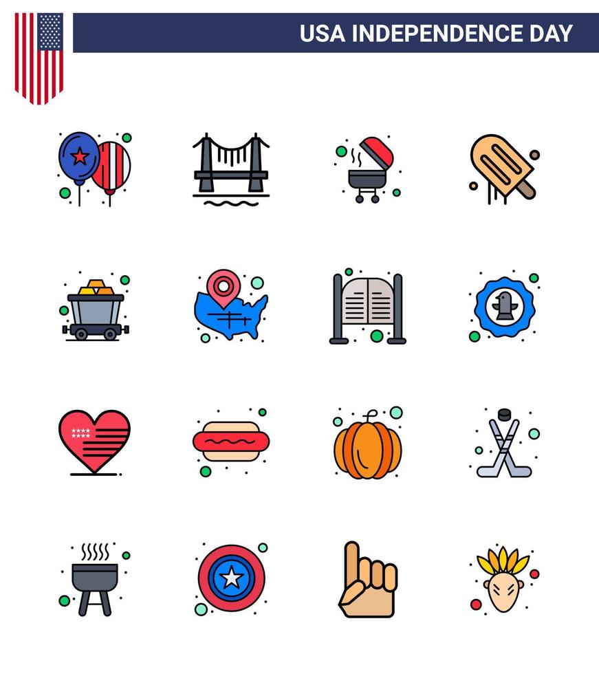 feliz día de la independencia 16 líneas planas rellenas paquete de iconos para web e impresión carrito de riel barbacoa usa crema elementos de diseño vectorial editables del día de usa vector