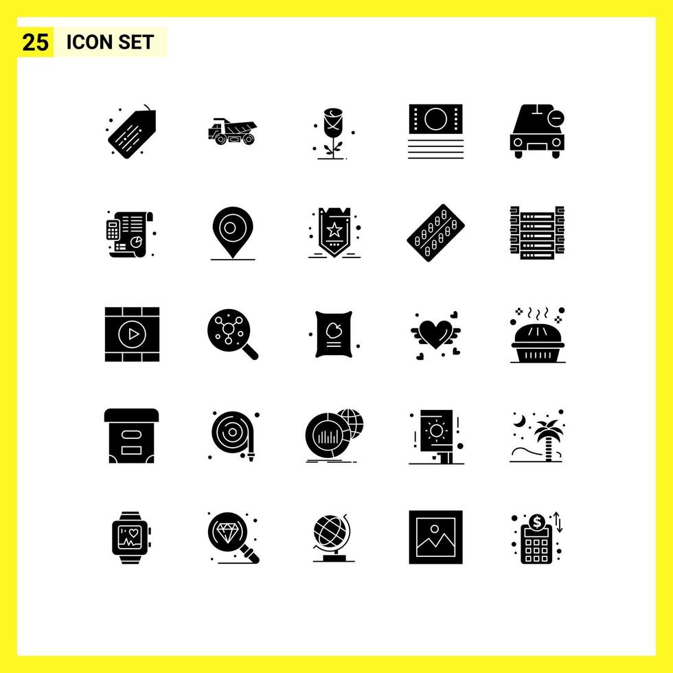 Group of 25 Modern Solid Glyphs Set for minus delete love car ecommerce Editable Vector Design Elements