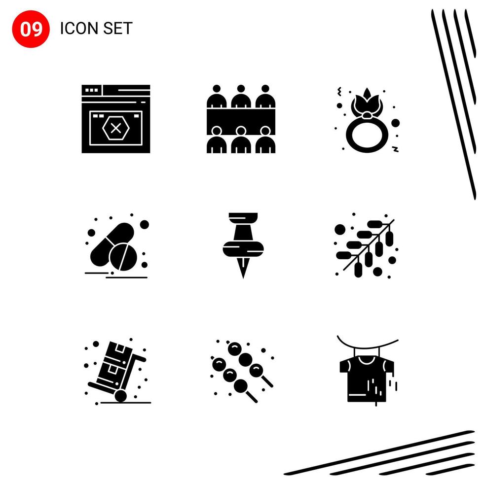 colección de 9 iconos vectoriales en estilo sólido símbolos de glifo perfecto de píxel para web y móvil signos de icono sólido sobre fondo blanco 9 iconos fondo de vector de icono negro creativo