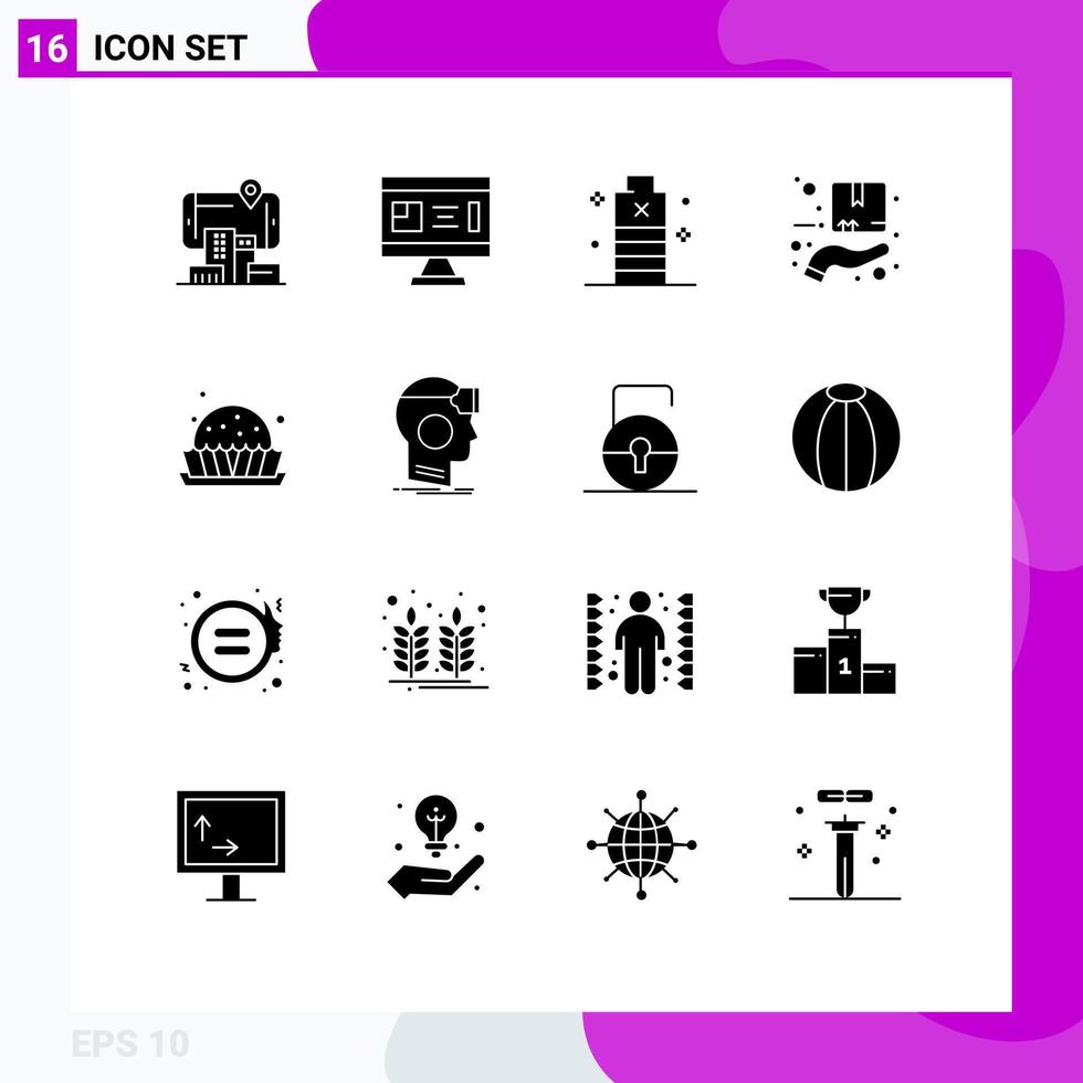 Group of 16 Modern Solid Glyphs Set for hand box planning protection low Editable Vector Design Elements