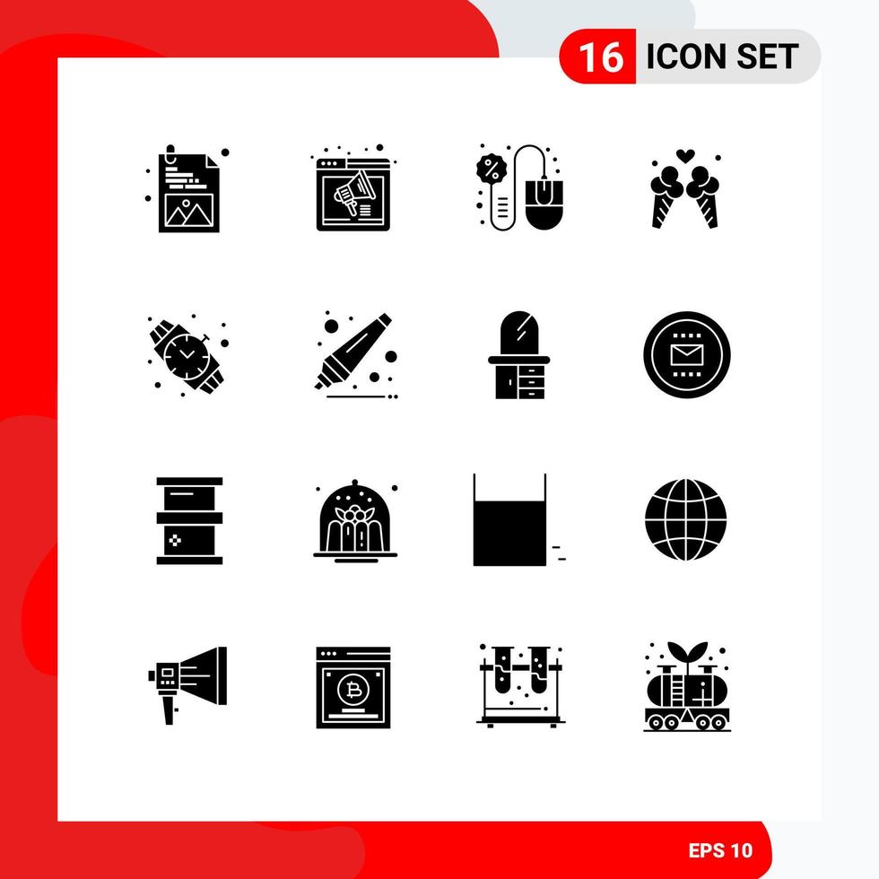 Pack of 16 creative Solid Glyphs of hand watch travel mouse love sales Editable Vector Design Elements