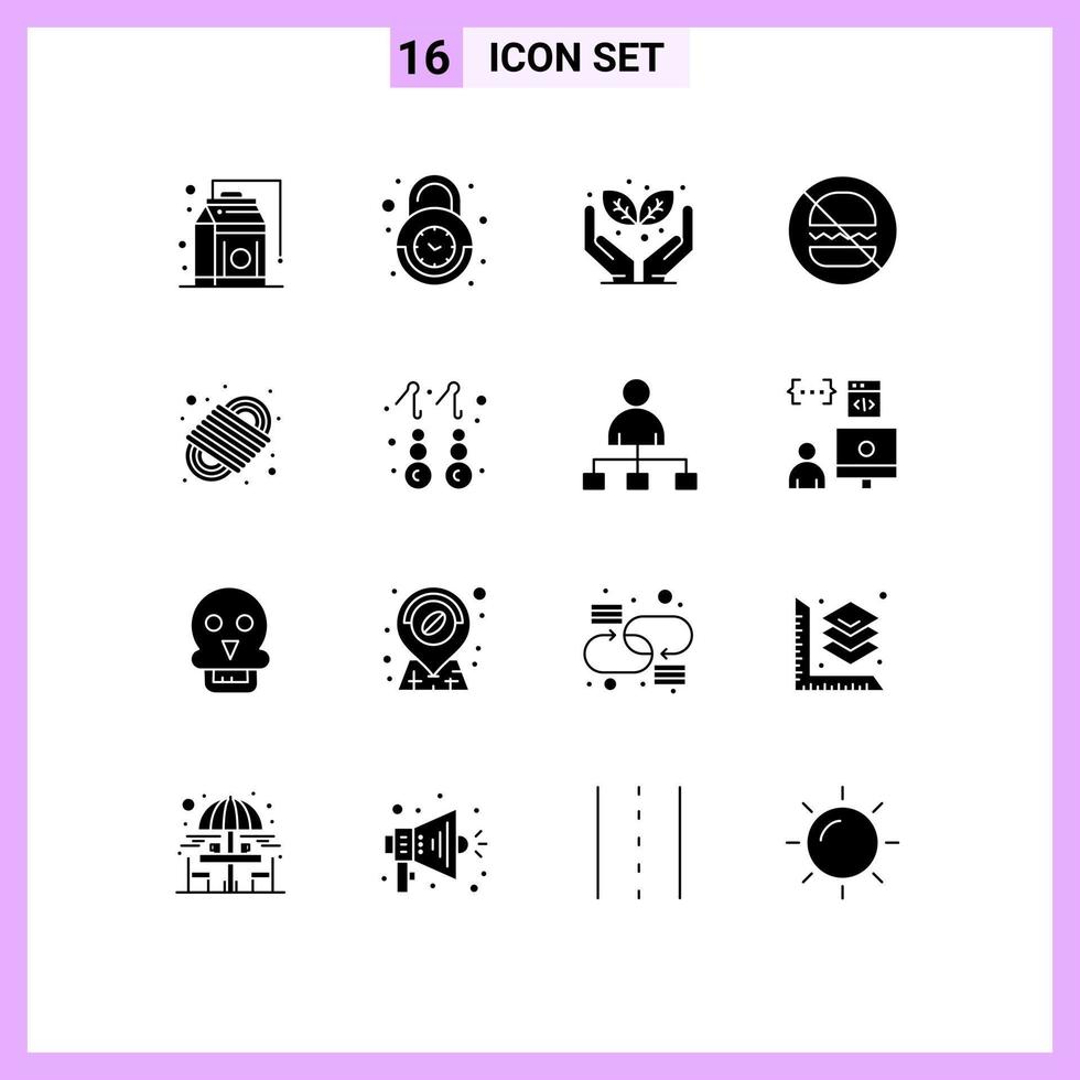 conjunto moderno de 16 glifos y símbolos sólidos, como nudos sin seguridad, hamburguesas alimentarias, elementos de diseño vectorial editables vector