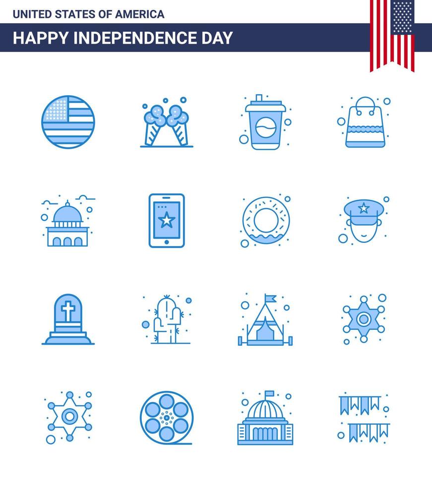 Happy Independence Day 16 Blues Icon Pack for Web and Print house shop bottle packages bag Editable USA Day Vector Design Elements