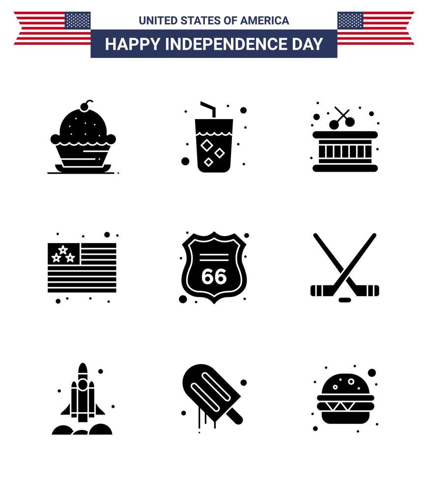 Pack of 9 USA Independence Day Celebration Solid Glyphs Signs and 4th July Symbols such as sign security wine usa country Editable USA Day Vector Design Elements