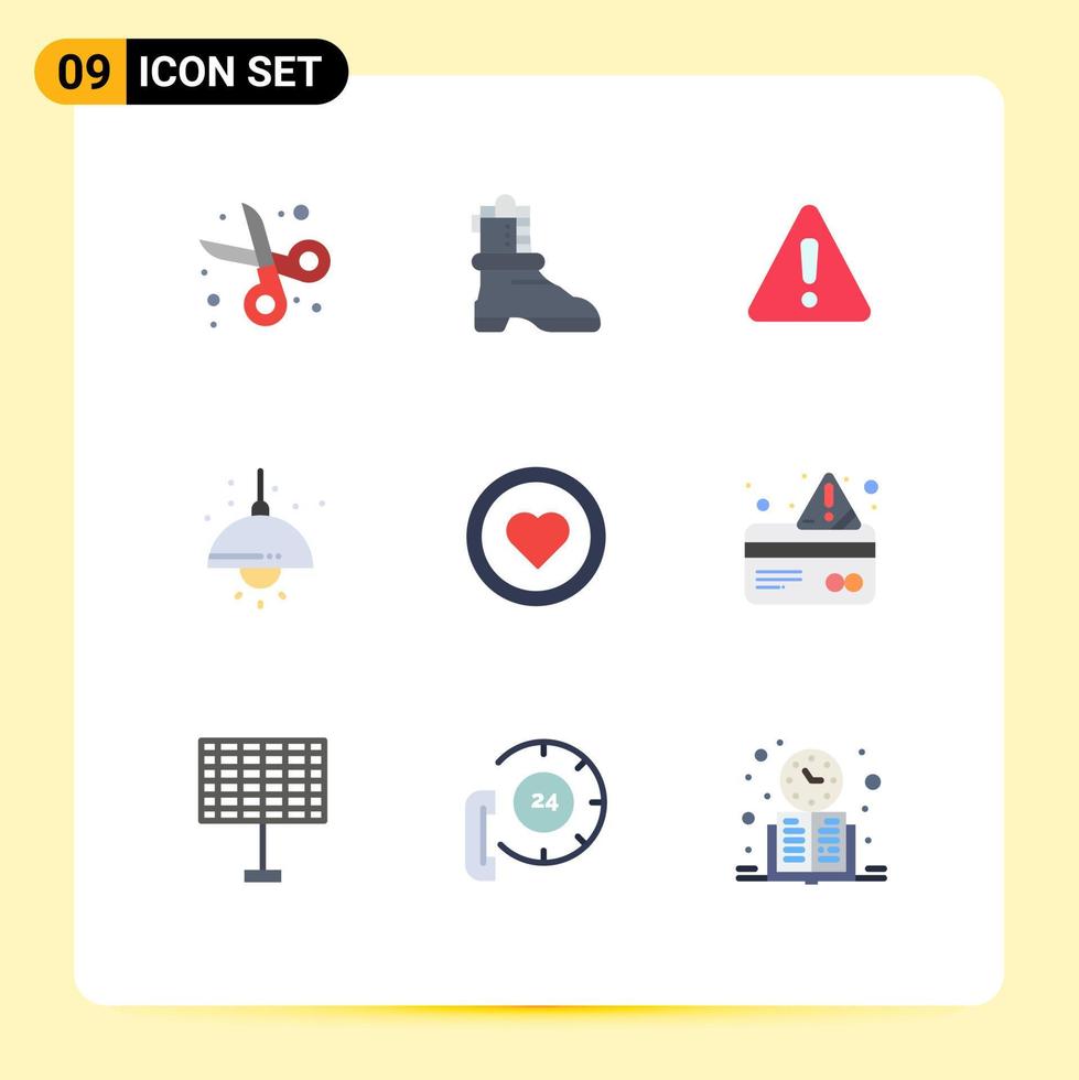 Mobile Interface Flat Color Set of 9 Pictograms of like light alert lump home Editable Vector Design Elements