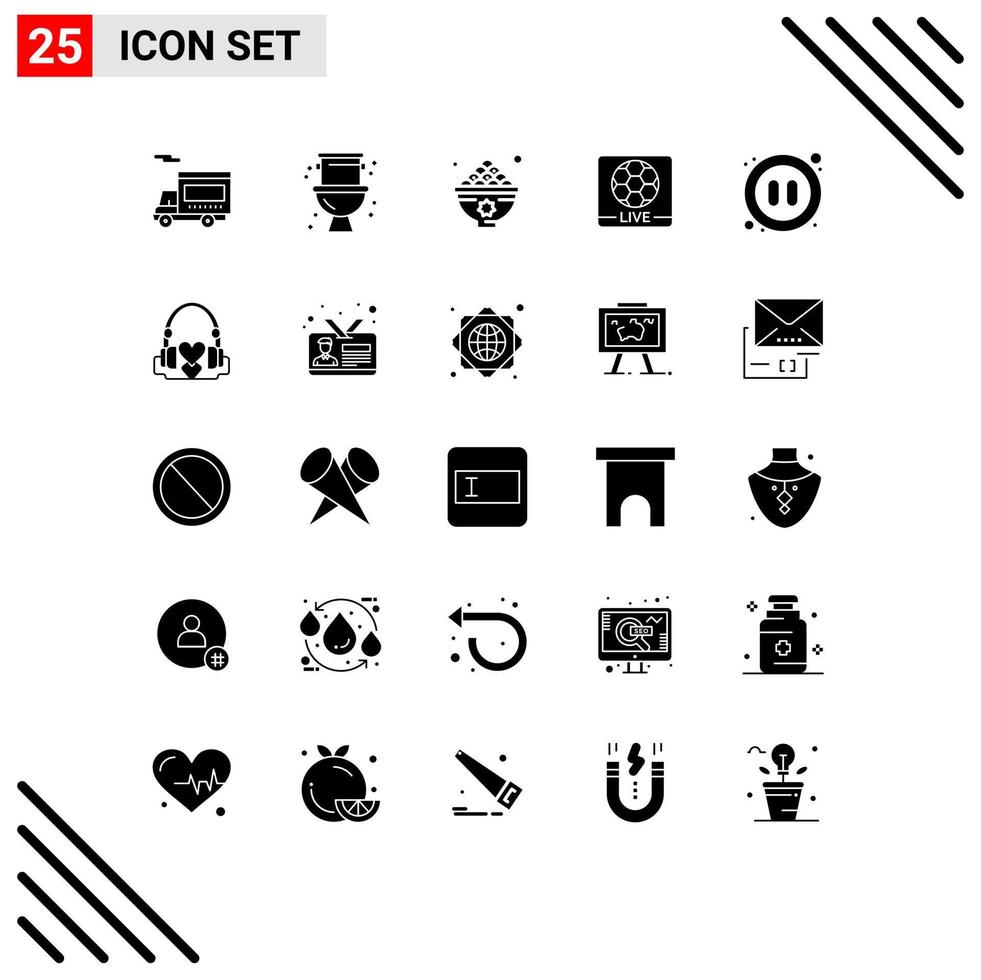 Pictogram Set of 25 Simple Solid Glyphs of audio screen dates game meal Editable Vector Design Elements