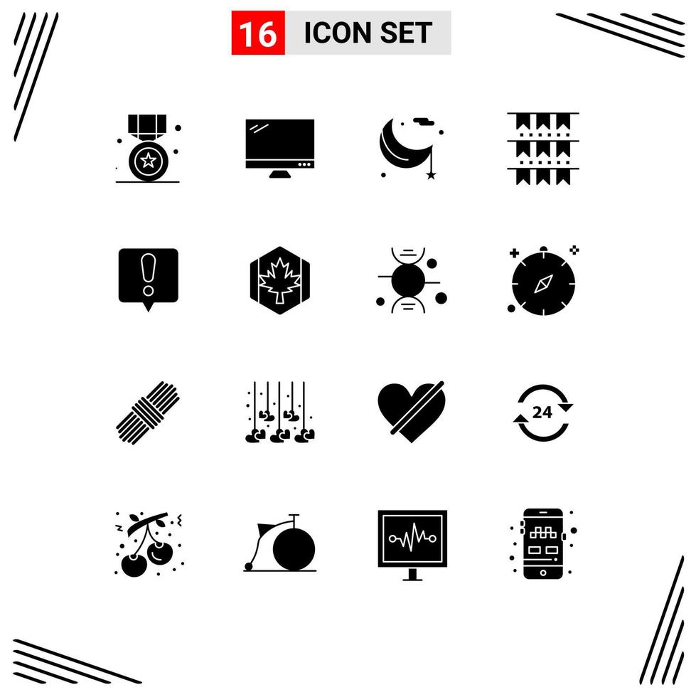 Solid Glyph Pack of 16 Universal Symbols of decoration american imac ramadan lunar Editable Vector Design Elements