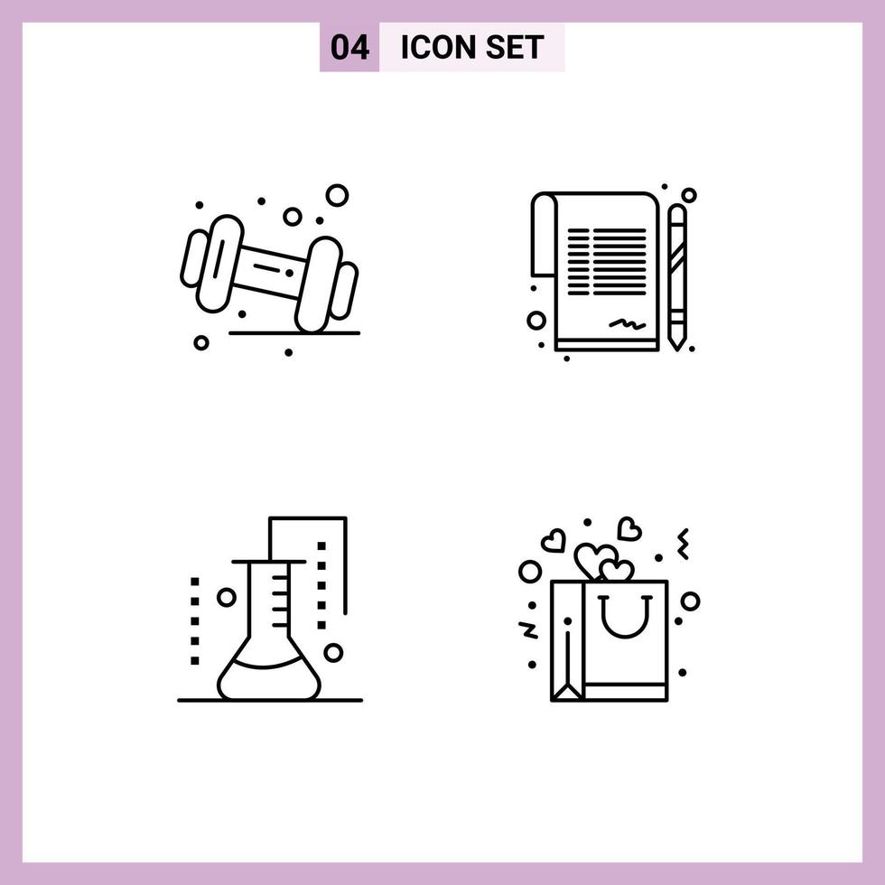Paquete de 4 líneas de interfaz de usuario de signos y símbolos modernos de química dietética, ciencia de signos de gimnasio de elementos de diseño de vectores editables de materia