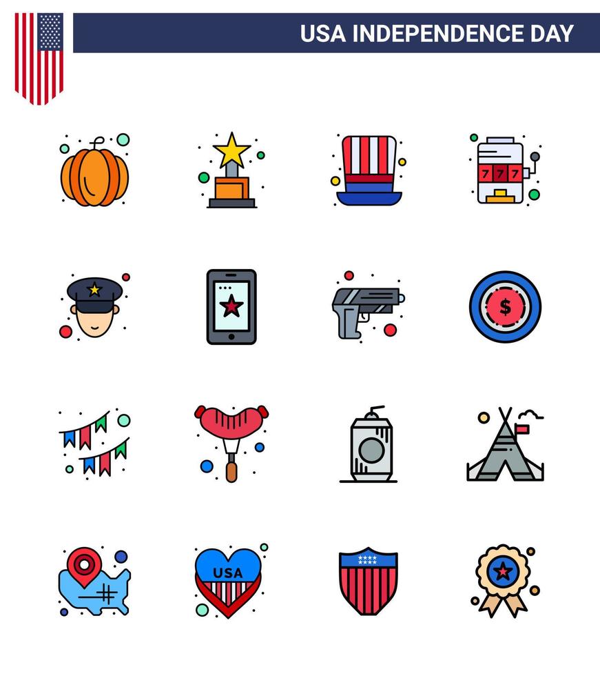 16 USA Flat Filled Line Pack of Independence Day Signs and Symbols of mobile officer presidents man slot Editable USA Day Vector Design Elements