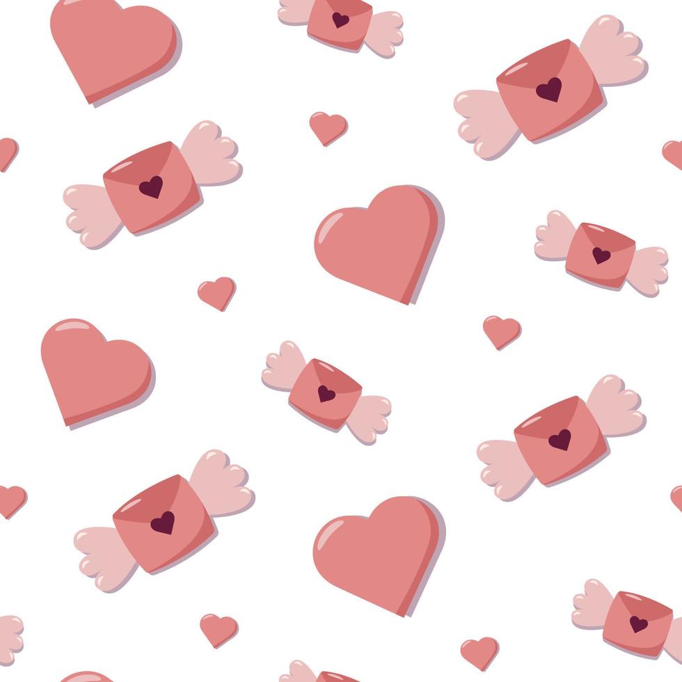 Valentine day concept seamless pattern with vector cute cartoon elements, letters with wings and hearts. Pink background for wrapping paper and gift boxes