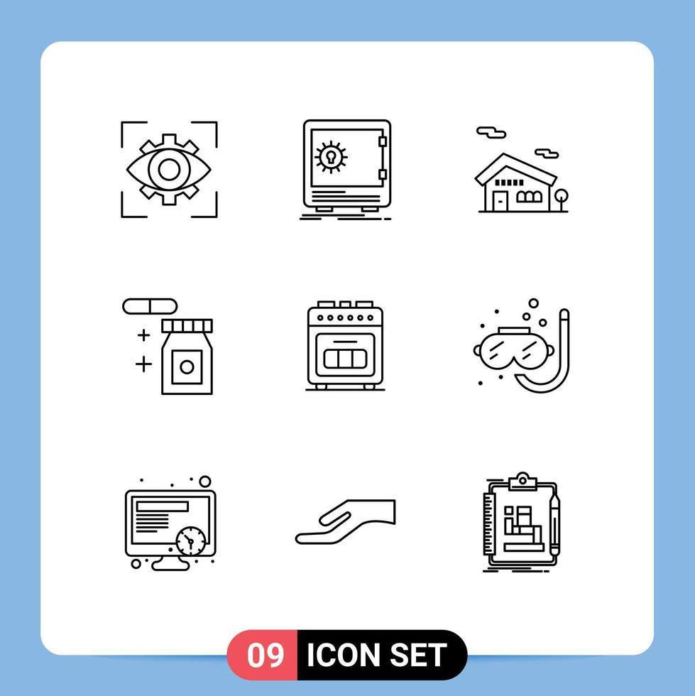 User Interface Pack of 9 Basic Outlines of baking temperature safety rainy house Editable Vector Design Elements
