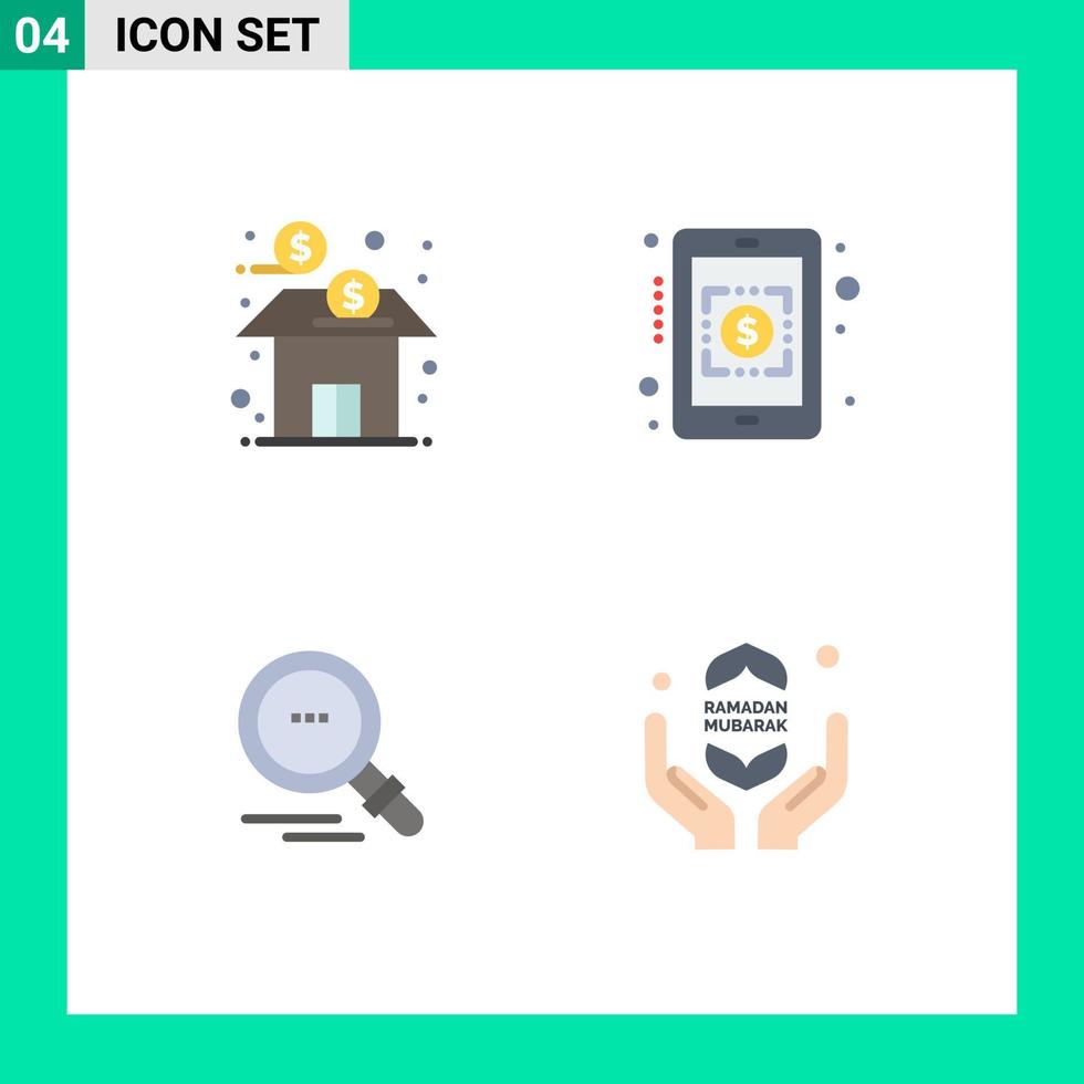 Mobile Interface Flat Icon Set of 4 Pictograms of bank find fund currency rates pray Editable Vector Design Elements