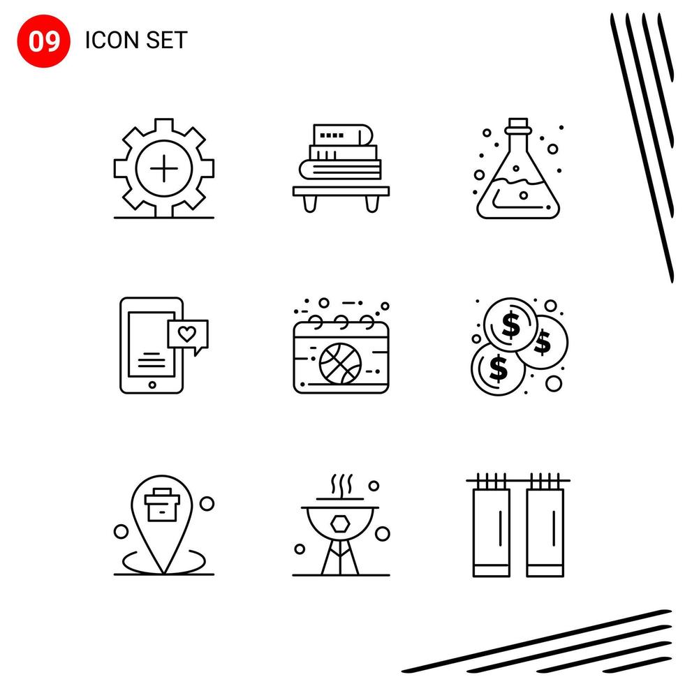 Collection of 9 Vector Icons in Line style Pixle Perfect Outline Symbols for Web and Mobile Line Icon Signs on White Background 9 Icons Creative Black Icon vector background