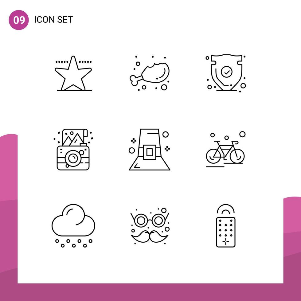 Set of 9 Modern UI Icons Symbols Signs for fashion photo shield party birthday Editable Vector Design Elements