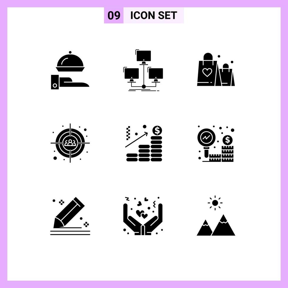 9 User Interface Solid Glyph Pack of modern Signs and Symbols of analysis users computer target wedding Editable Vector Design Elements
