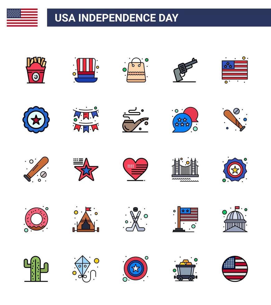 Flat Filled Line Pack of 25 USA Independence Day Symbols of flag american bag weapon gun Editable USA Day Vector Design Elements