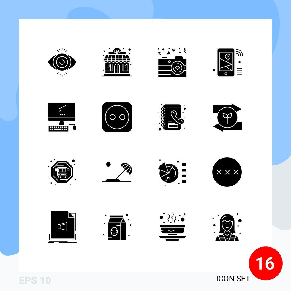 conjunto de 16 glifos sólidos vectoriales en cuadrícula para monitor wifi love share iot elementos de diseño vectorial editables vector