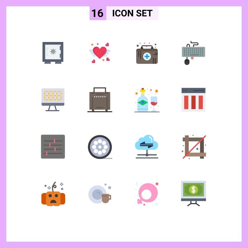 Mobile Interface Flat Color Set of 16 Pictograms of computer mouse first aid kit keyboard device Editable Pack of Creative Vector Design Elements