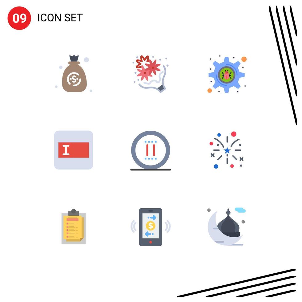 User Interface Pack of 9 Basic Flat Colors of pause office cyber crime movie layout Editable Vector Design Elements